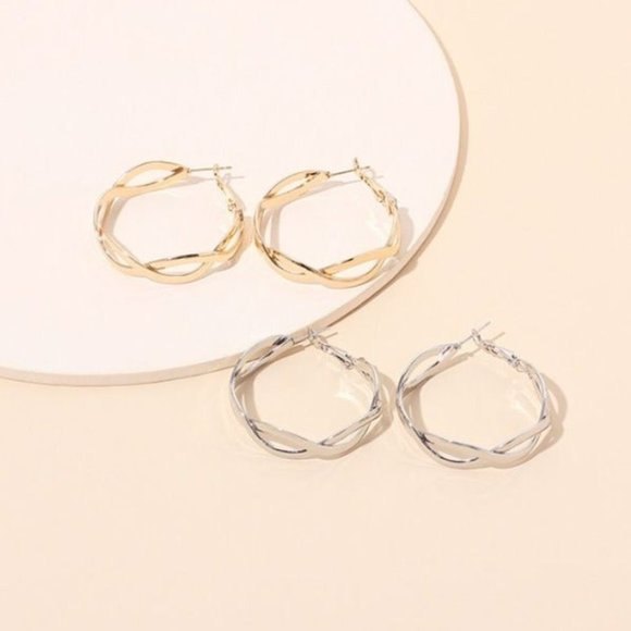 Gold Tone Twist Braid Open Center Round Hoop Geometric Pierced Earrings - Picture 3 of 3